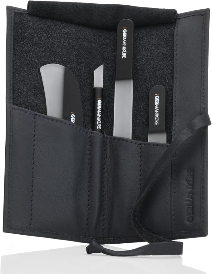 GERMANIKURE Black Crystal Glass Nail File Set in Black Leather Case – Handmade in Czech Republic – Professional Manicure & Pedicure Supplies – Glass Cuticle Stick, Pusher, Moon File