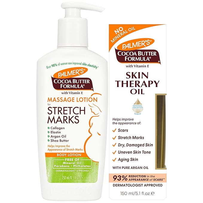 Palmer's Stretch Mark Care Body Lotion + Body Oil Bundle, Cocoa Butter Formula with Vitamin E Skin Care for Pregnant Women, Includes 1 Massage Oil (5.1 fl oz) and 1 Massage Lotion (8.5 fl oz)