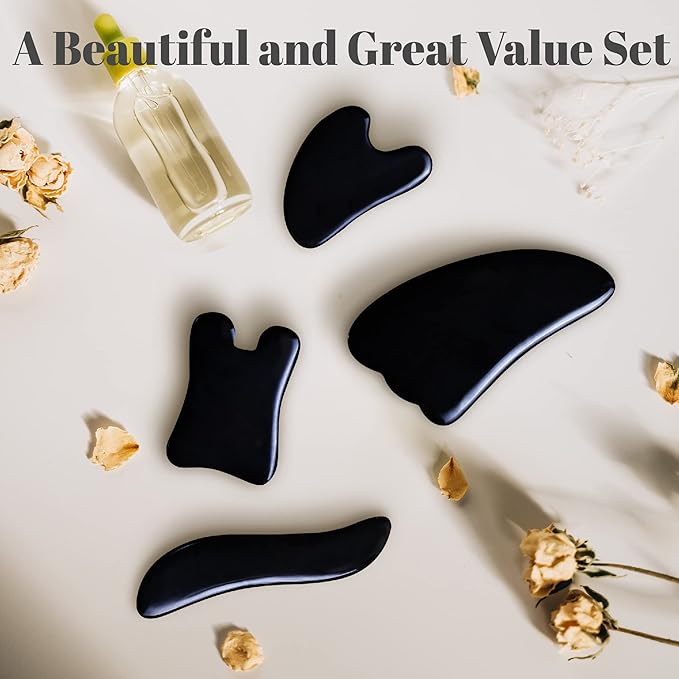 Rena Chris Guasha Massage Tool, 4 Pcs Gua Sha Facial Tool, Guasha Board for SPA Acupuncture Therapy Trigger Point Treatment, Gua Sha Scraping Massage Tool (Black)
