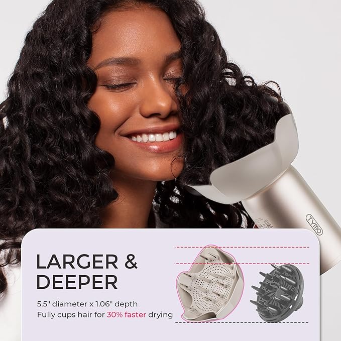 TYMO Diffuser Hair Dryer Blow Dryer - 300 Million Ionic Hairdryer with Diffuser & Comb Attachment for Curly Hair, Professional Blowdryer for Women, Cool Air Button, Small Travel Lightweight, Gold