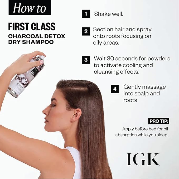 IGK First Class Charcoal Detox Dry Shampoo Travel Size | Extends Style for Days | Cleanses, Absorbs Oil and Refreshes | Eliminates Odor Post-Workout | 2.0 Fl Oz (Pack of 2)