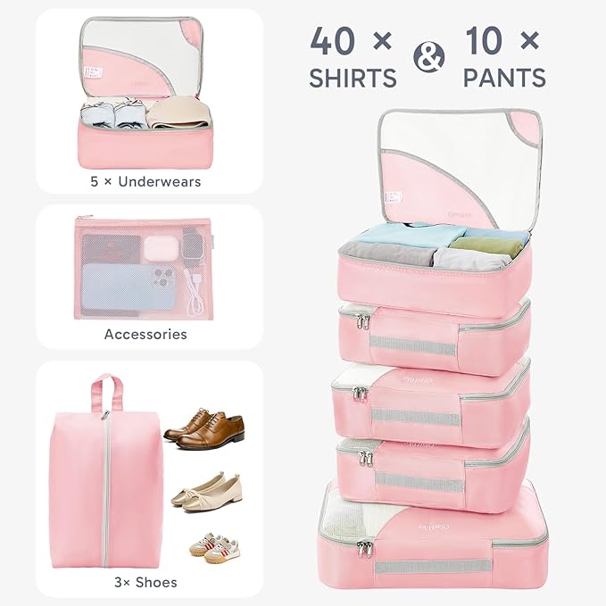ALL INCLUDED 10 Set Durable Packing Cubes for Suitcases,OlarHike Essentials for Travel,UPGRADED Anti-Tear Stitching, NEW Improved Luggage Packing Organizers for Travel Accessories,Pink