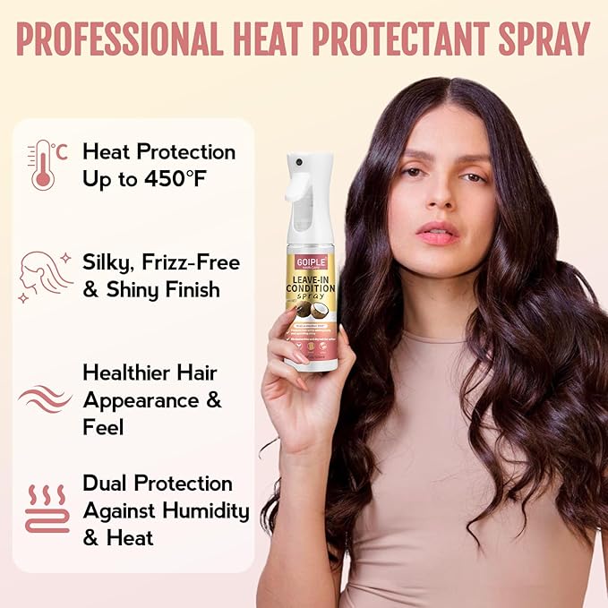Leave In Conditioner & Heat Protectant Spray Smooth Flyaways Add Shine - 450 'F Heat Protectant Spray Frizz Control Thermal Pretection Enhancer Blow-Dry Support Thermal Styling Mist for All Hair Types