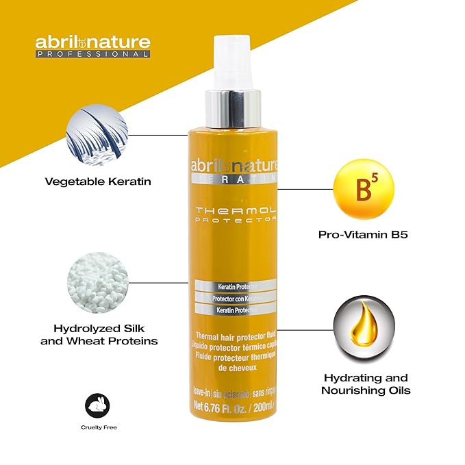 abril et nature - Keratin Repair Thermal Protector - All Hair Types - Protects Hair from Straighteners and Hair Dryers - With Keratin - Hydrated and Soft Hair - 200 ml