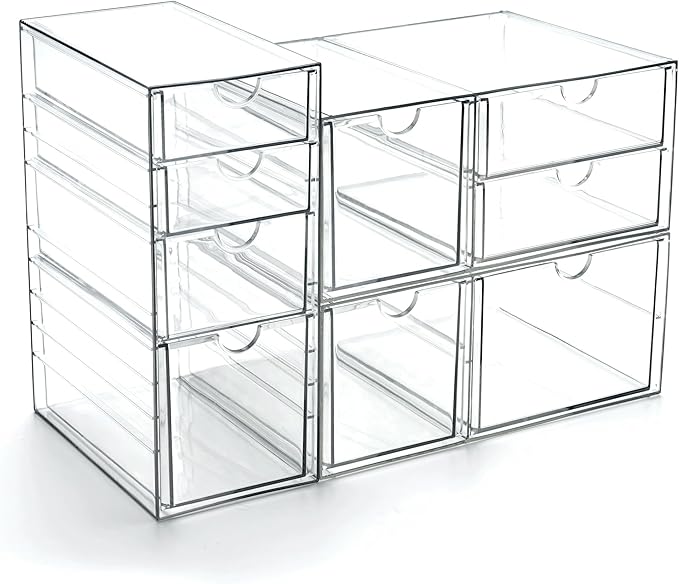 Prsildan Acrylic Drawer Makeup Organizer with 9 Drawers, Set of 3 Office Desk Organizers Accessories, Clear Stackable Storage Drawers for Vanity, Countertop, Craft, Jewelry, Art Supply Organization