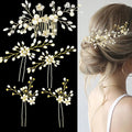 Hair Comb and 4 Pins Bridal Hair Accessories, Pearl Crystal Rhinestone Wedding Hair Comb and Hair Pins for Brides Bridesmaids Women Girls (Gold, 5 Pieces)