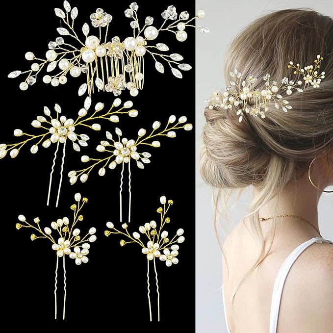 Hair Comb and 4 Pins Bridal Hair Accessories, Pearl Crystal Rhinestone Wedding Hair Comb and Hair Pins for Brides Bridesmaids Women Girls (Gold, 5 Pieces)