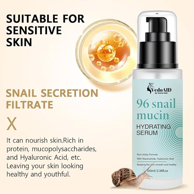 (2Pc) VedoAID Snail Mucin 96% Repair Essence: Advanced Hydrating Serum for Skin Repair, Anti-Aging, and Discoloration Correction (100ml+100ml)