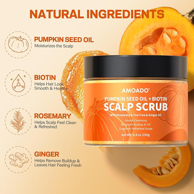 Scalp Scrub, Pumpkin Seed Oil Scalp Exfoliator With Biotin & Rosemary, Sulfate Free Scalp Detox for Itchy Scalp & Dandruff & Buildup Removal & Hair Growth, Hair Scrub with Scrubber