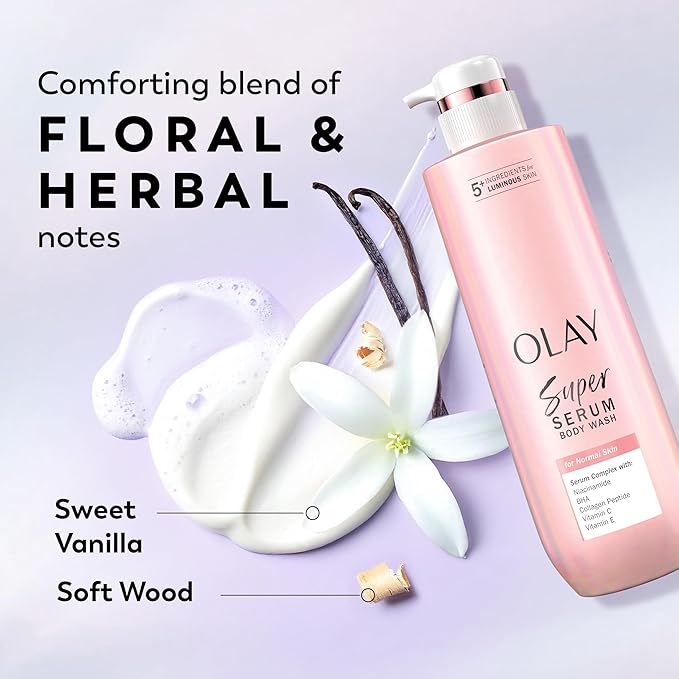 Olay Super Serum Body Wash for Normal Skin, 24hr Long Lasting Hydration, 5+ Ingredient Serum Complex for Bright Even Firm Luminous Skin, 20 fl oz