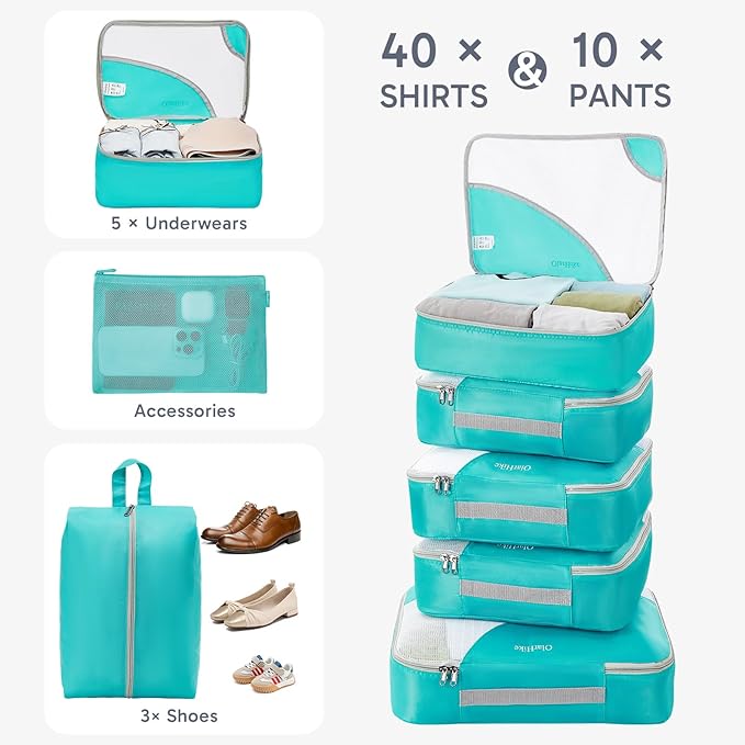 ALL INCLUDED 10 Set Durable Packing Cubes for Suitcases,OlarHike Essentials for Travel,UPGRADED Anti-Tear Stitching, NEW Improved Luggage Packing Organizers for Travel Accessories,Turquoise