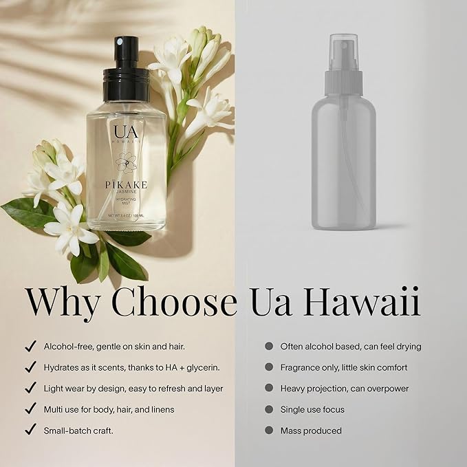 Pikake Body and Hair Mist from Hawaii, Hair Perfume for a Light, Hydrating Refresh, Body Mist for Women and Men, Alcohol-Free, With Moisturizing Hyaluronic Acid & Glycerin, Glass Bottle, 3.4 oz