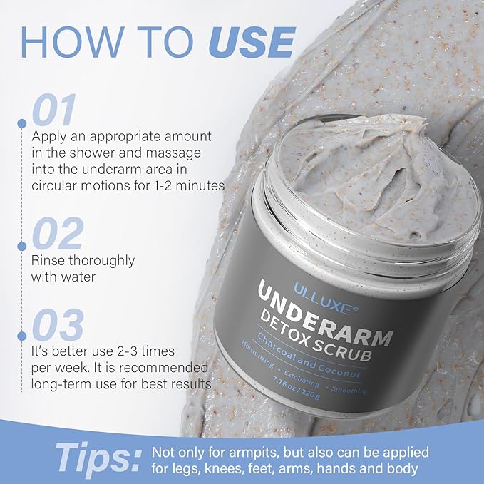 Charcoal Underarm Body Scrub for Odor Contro Bumps Dark Armpits Spots Remover, Armpit Detox & Bikini Area Exfoliator, Exfoliating Moisturizing Natural Deodorant Scrub for Women & Men, 7.7 Oz