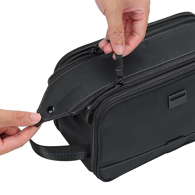 ZEEMO Travel Toiletry Bag for Men, Medium Water-Resistant Double-Sided Full-Open Dopp Kit, Versatile Organizer for Shower and Hygiene Accessories, Bathroom Essentials, Cosmetics, Black