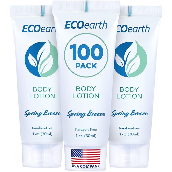 EcoEarth Travel Size Lotion (1 fl oz, 100 PK, Spring Breeze), Delight Your Guests with an Invigorating and Refreshing Body Lotion, Quality Mini and Small Size Guest Hotel Toiletries in Bulk