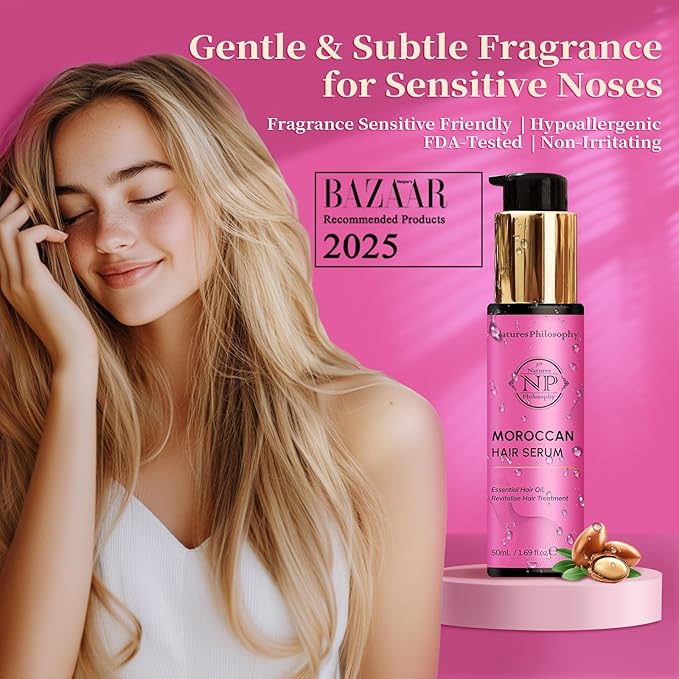 NP NATURES PHILOSOPHY Moroccan Argan Oil - Hair Serum Organic Essential Oil, Anti-Frizz, Repairs Damaged Hair, Adds Shine for All Hair Types Aussie Allergy-Free Moroccan Oil Hair Products 1.69 Fl oz