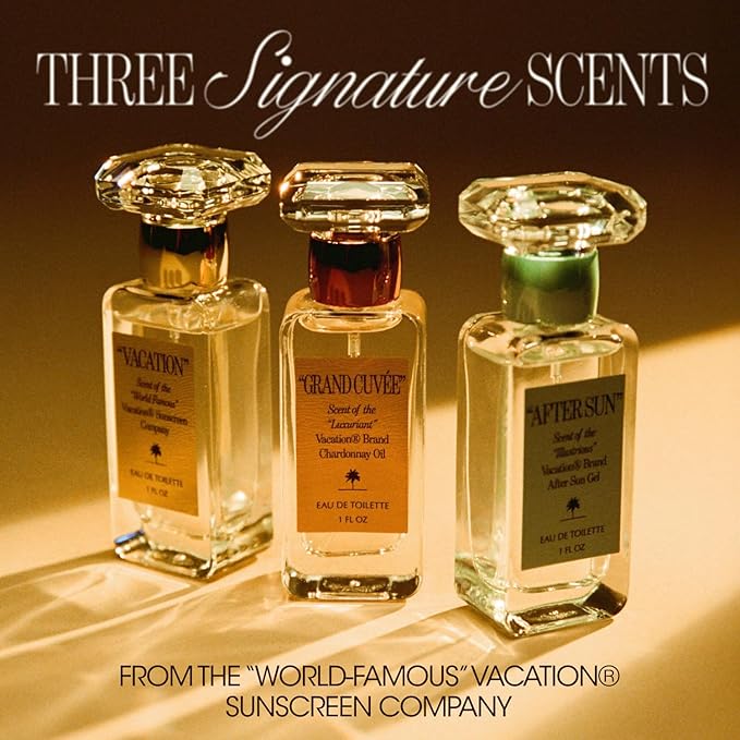 Vacation Eau De Toilette Trio, Signature Scents of "VACATION", "AFTER SUN" & "GRAND CUVÉE", Coconut, Aloe Vera, Argan, Amber & Summer Fragrances, Unisex Perfume Gift Set, 3 x 1 fl oz