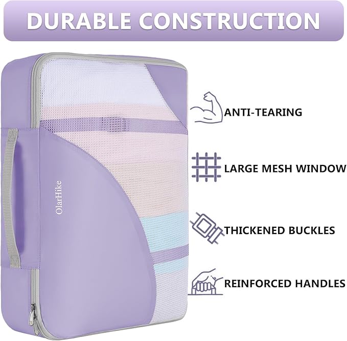 8 Set Packing Cubes for Travel,Anti-Tearing Suitcase Organizer for Luggage with Shoe & Hanging Toiletry Bag,OlarHike Vacation Essentials & Accessories for Cruise Ship,Light Purple