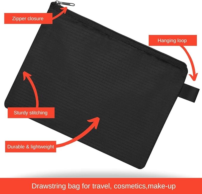 Sun Life Style Zipper Bag - Set Of 5 - Carry All Pouch To Organize Travel Toiletries Pens Cosmetics (8 x 6, Black)