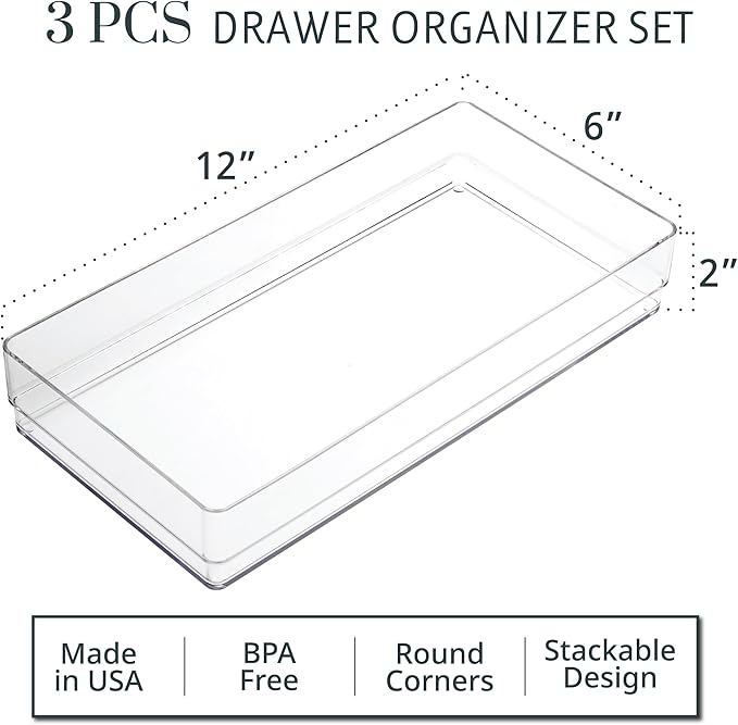 STORi SimpleSort 3-Piece Stackable Clear Drawer Organizer Set | 12" x 6" x 2" Rectangle Trays | Wide Makeup Vanity Storage Bins and Office Desk Drawer Dividers | Made in USA