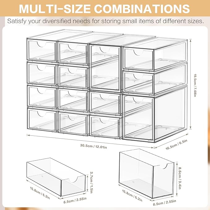 Desk Organizer with 14 Drawers, FODIENS 14 Packs Acrylic Stackable Desktop Storage Drawer Makeup Organizer, Clear Craft Storage Box Cabinets for Office Vanity Countertop Bathroom Bedroom