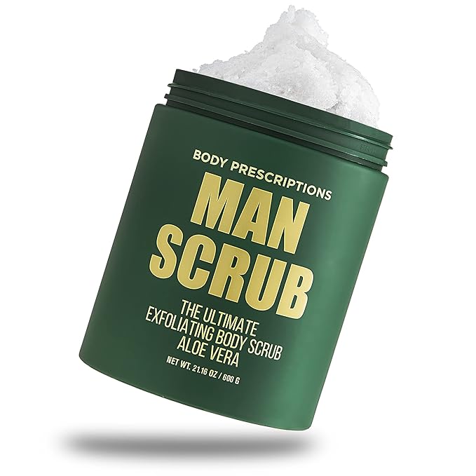 Body Prescriptions Men’s Exfoliating Body Scrub – Ultimate Skin Cleansing Wash in Jar with Twist-Top Lid, For All Skin Types, 21 Ounce (Pack of 4), Aloe Vera