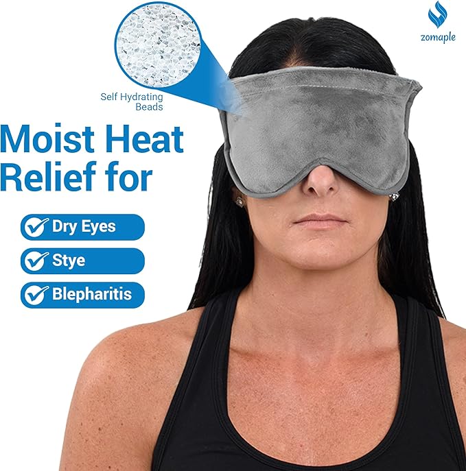 ZOMAPLE Heated Eye Mask, Grey – Soothing Moist Heat for Dry, Tired Eyes – Quick Microwave Prep, Adjustable Strap, Travel Pouch & Plush Washable Cover – Reusable, Cord-Free Warm Compress for Eyes