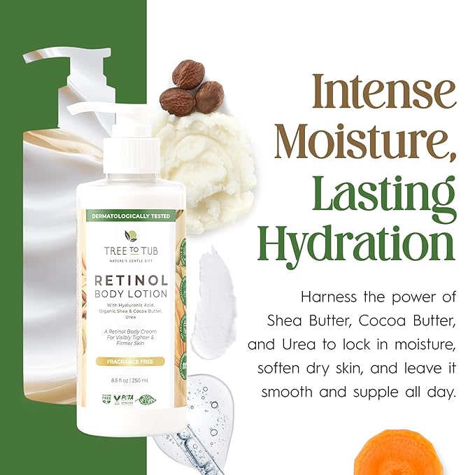 Tree to Tub Retinol Body Lotion - Hydrating Body Cream, Advanced Firming Cream w/Hyaluronic Acid & Shea Butter, Fragrance-Free Body Lotion for Crepey Skin for Older Women & Men