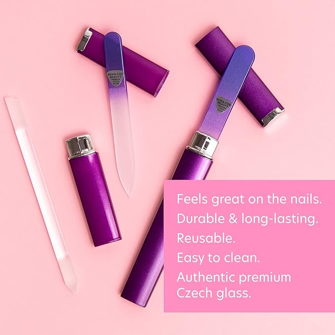 Bona Fide Beauty Glass Nail Files Kit in Purple- 3Pc Set Includes Glass Cuticle Pusher, Mini Travel Nail File, and Medium Glass File for Natural Nails