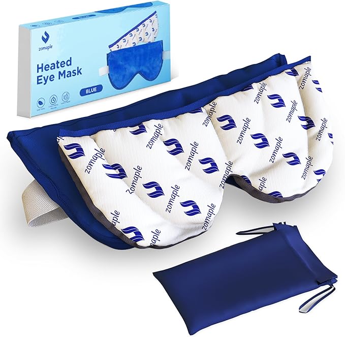 ZOMAPLE Heated Eye Mask, Blue – Soothing Moist Heat for Dry, Tired Eyes – Quick Microwave Prep, Adjustable Strap, Travel Pouch & Plush Washable Cover – Reusable, Cord-Free Warm Compress for Eyes