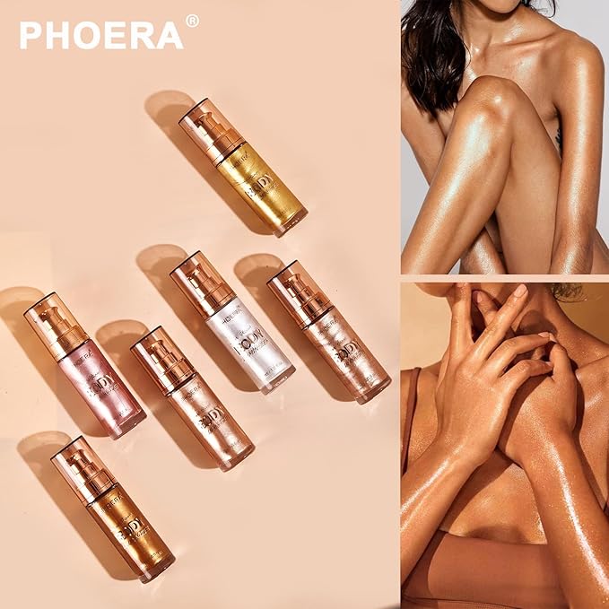 PHOERA Body Shimmer Oil, Bronzer Body Glow Highlighter Luminize with Makup Bursh,Self Tanning Lotion,1oz/Jars (101 Rose Gold)