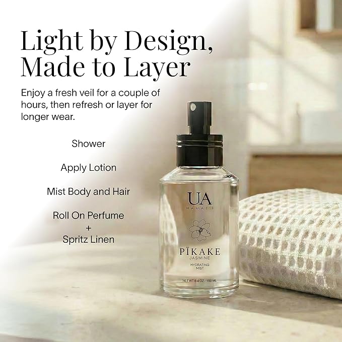 Pikake Body and Hair Mist from Hawaii, Hair Perfume for a Light, Hydrating Refresh, Body Mist for Women and Men, Alcohol-Free, With Moisturizing Hyaluronic Acid & Glycerin, Glass Bottle, 3.4 oz