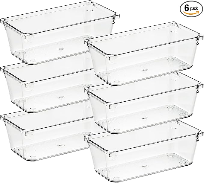 Ravinte 6 Pack Drawer Organizer - 3" X 6" Plastic Storage Bins, Acrylic Organizers with Non-Slip Pads Clear Desk Storage Tray for Makeup, Jewelries, Kitchen Utensils, Bathroom and Office