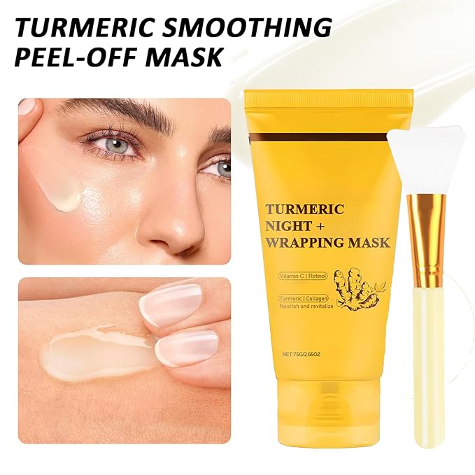 Turmeric Overnight Mask, Peel off Face Mask, Bio-Collagen Real Deep Mask, Turmeric Night Wrapping, Vitamin C, Gentle Cleansing, Moisturizing, Nourishing (with Brush)
