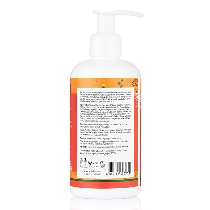 Koji White Kojic Acid & Papaya Body Lotion - Exfoliating, Hydrating, Moisturizing, Skin Care for Sun-Damaged Skin, Vegan, Paraben-Free, 8.45 Fl Oz (1 Bottle)