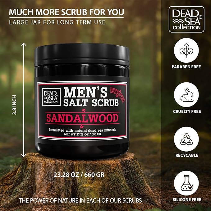 Salt Body Scrub Sandalwood For Men – Moisturizes, Exfoliates & Nourishes Skin – Cleanses & Detoxifies with Dead Sea Minerals - Dead Sea Collection – 23.28 OZ