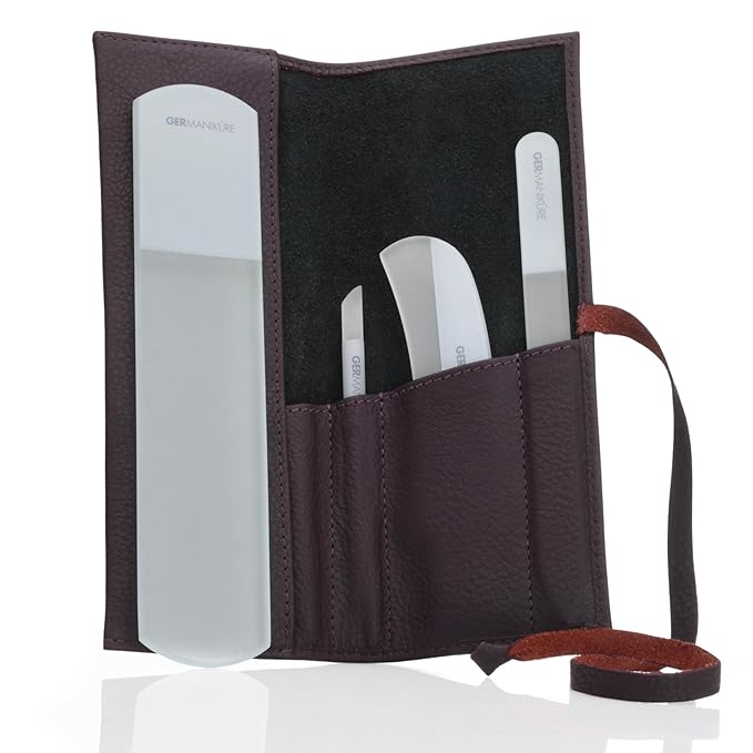 4pcs Manicure Set Genuine Czech Crystal Gray Glass Nail File Moon File Manicure Stick Pedicure Foot Care Bar in Purple Leather by GERmanikure