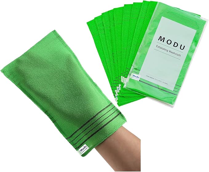 Modu Korean Exfoliating Mitts Large 10PCS (Green) – Exfoliating Gloves Body Scrubber Italy Towel Washcloth for Korean Spa at Home, Dead Skin Remover, 100% Vegan Viscose