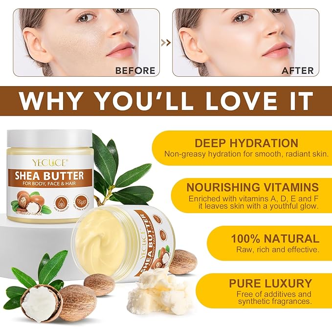 2 Pack Shea Butter Raw, Unrefined Body & Face Butter - 100% Natural Vitamin A, E & F - Long-Lasting Hydration for Dry Skin, Hair Care, 7.8 oz