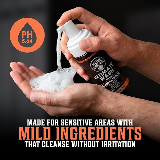 Viking Revolution Mens Intimate Wash - Foaming Body Wash Men with Aloe Vera, Tea Tree Oil, Witch Hazel - Cleaning, Refreshing Soap for Mens Hygiene Essentials - Stocking Stuffers for Men (3.4 fl oz)