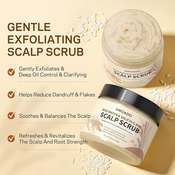 Rice Water Scalp Scrub with Salicylic Acid(BHA), Tea Tree & Rosemary – Gentle Exfoliating Scalp Scrub Shampoo for Dandruff, Removes Buildup, Controls Oil & Refreshes the Scalp, 8.8 oz