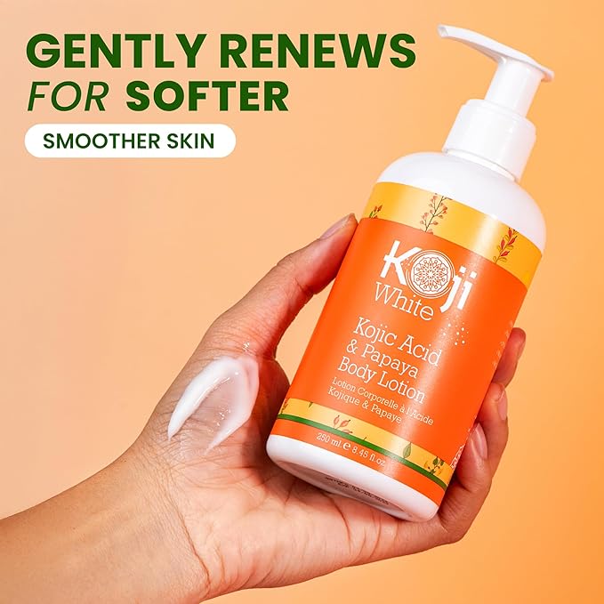 Koji White Kojic Acid & Papaya Body Lotion - Exfoliating, Hydrating, Moisturizing, Skin Care for Sun-Damaged Skin, Vegan, Paraben-Free, 8.45 Fl Oz (1 Bottle)