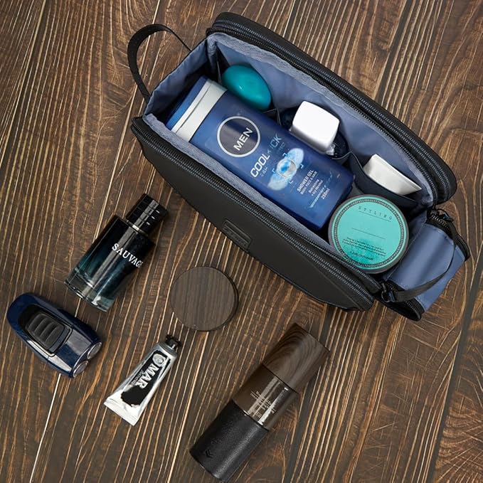 ZEEMO Travel Toiletry Bag for Men, Medium Water-Resistant Double-Sided Full-Open Dopp Kit, Versatile Organizer for Shower and Hygiene Accessories, Bathroom Essentials, Cosmetics, Black and Blue