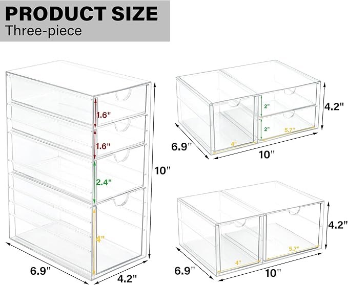 Prsildan Acrylic Drawer Makeup Organizer with 9 Drawers, Set of 3 Office Desk Organizers Accessories, Clear Stackable Storage Drawers for Vanity, Countertop, Craft, Jewelry, Art Supply Organization