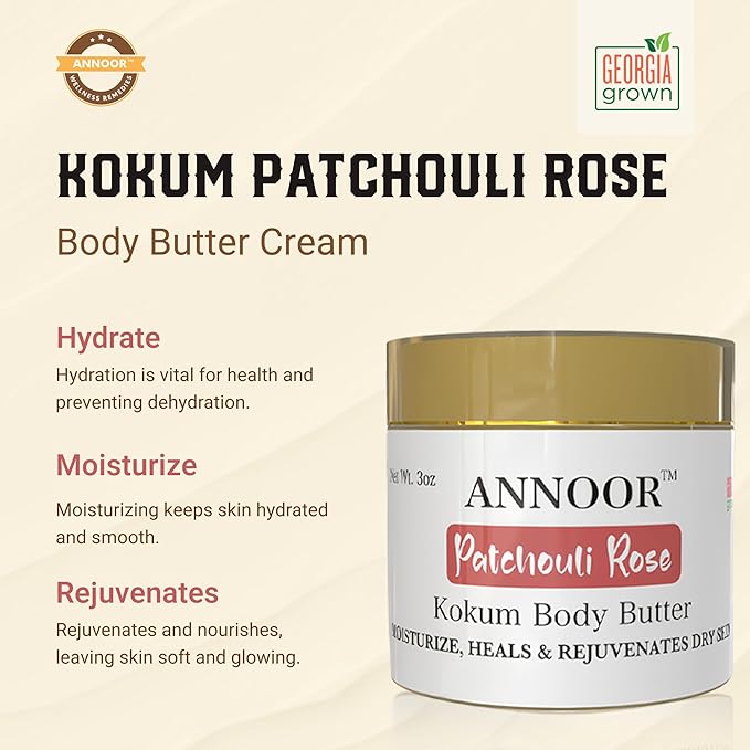 Kokum Patchouli Rose Body Butter Cream | 3 Oz | Enriched with Rose Hydrosol, Kokum Butter, Shea Butter, Almond Oil, Ginger, Vitamin E, and Vitamin B5 | Deeply Hydrating and Softening Cream
