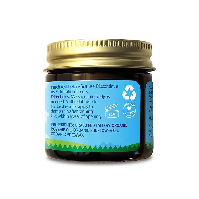 Organic Beef Tallow Balm with Rosehip Oil | Unscented 1 oz – Hand Made in USA 100% Grass-Fed Beef Tallow Moisturizer for Face & Body, Baby, Eczema, Acne-Prone & Sensitive Skin