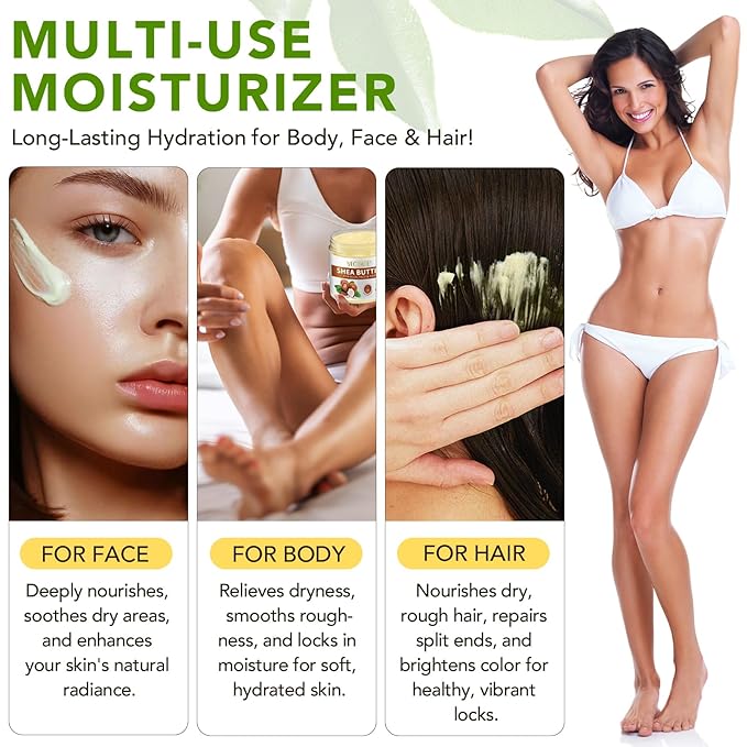 Pure Organic Shea Butter Raw, Unrefined Body & Face Butter - 100% Natural Vitamin A, E & F - Long-Lasting Hydration for Dry Skin, Hair Care, 7.8 oz