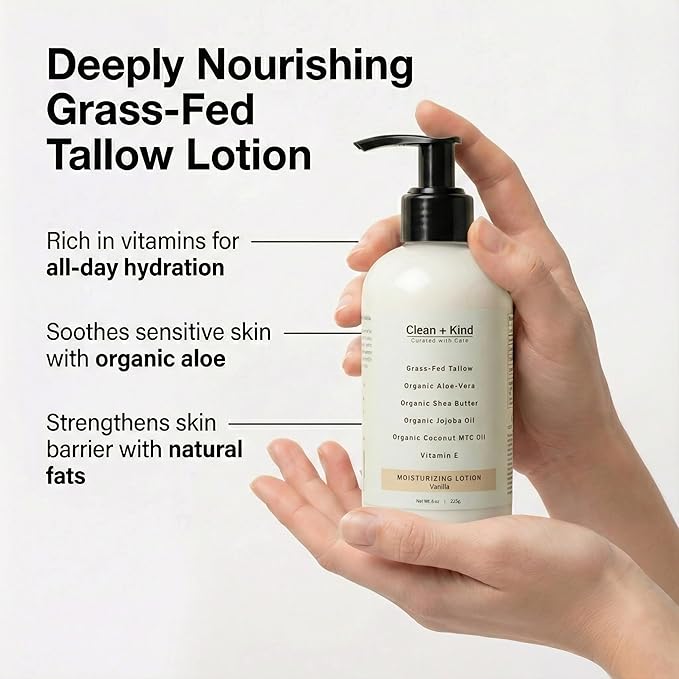 Daily Moisturizing Lotion – Tallow Body Lotion with Aloe Vera, Shea Butter, Jojoba Oil, MCT Oil & Vitamin E – Deep Hydration for Dry, Rough, Sensitive Skin (8 oz, Vanilla)