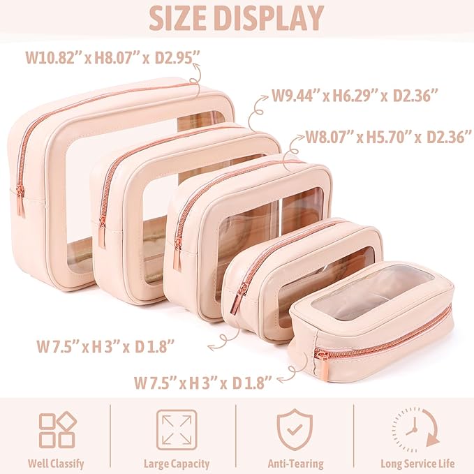 YOPCDJ 5PCS Clear Toiletry Bag,TSA Approved Travel Makeup Pouch with Zipper for Cosmetics and Toiletries，Diaper Bag Organizer Pouch Set，Women's Purse Organizer and Clear Car Bag