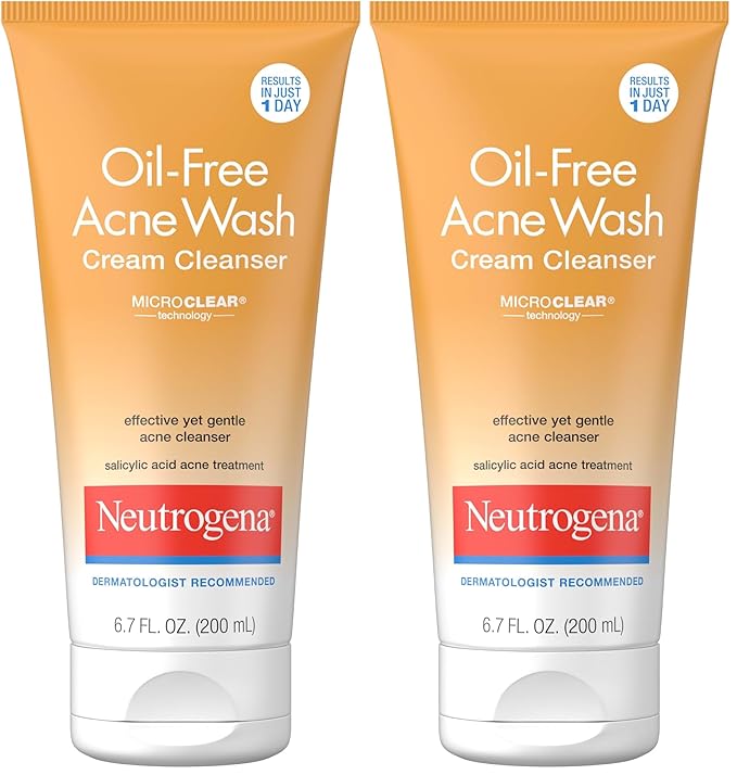 Neutrogena Oil-Free Acne Face Wash Cream Cleanser with Salicylic Acid, Non-Comedogenic Acne-Prone Skin Cleanser, 6.7 fl. oz (Pack of 2)